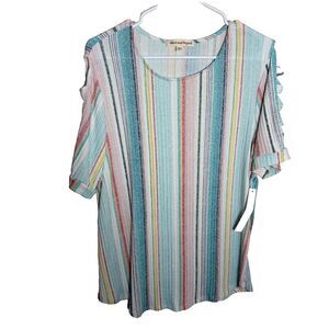 Above & Beyond T-Shirt Women's 3X Textured Striped Strappy Sleeve Casual Top NWT